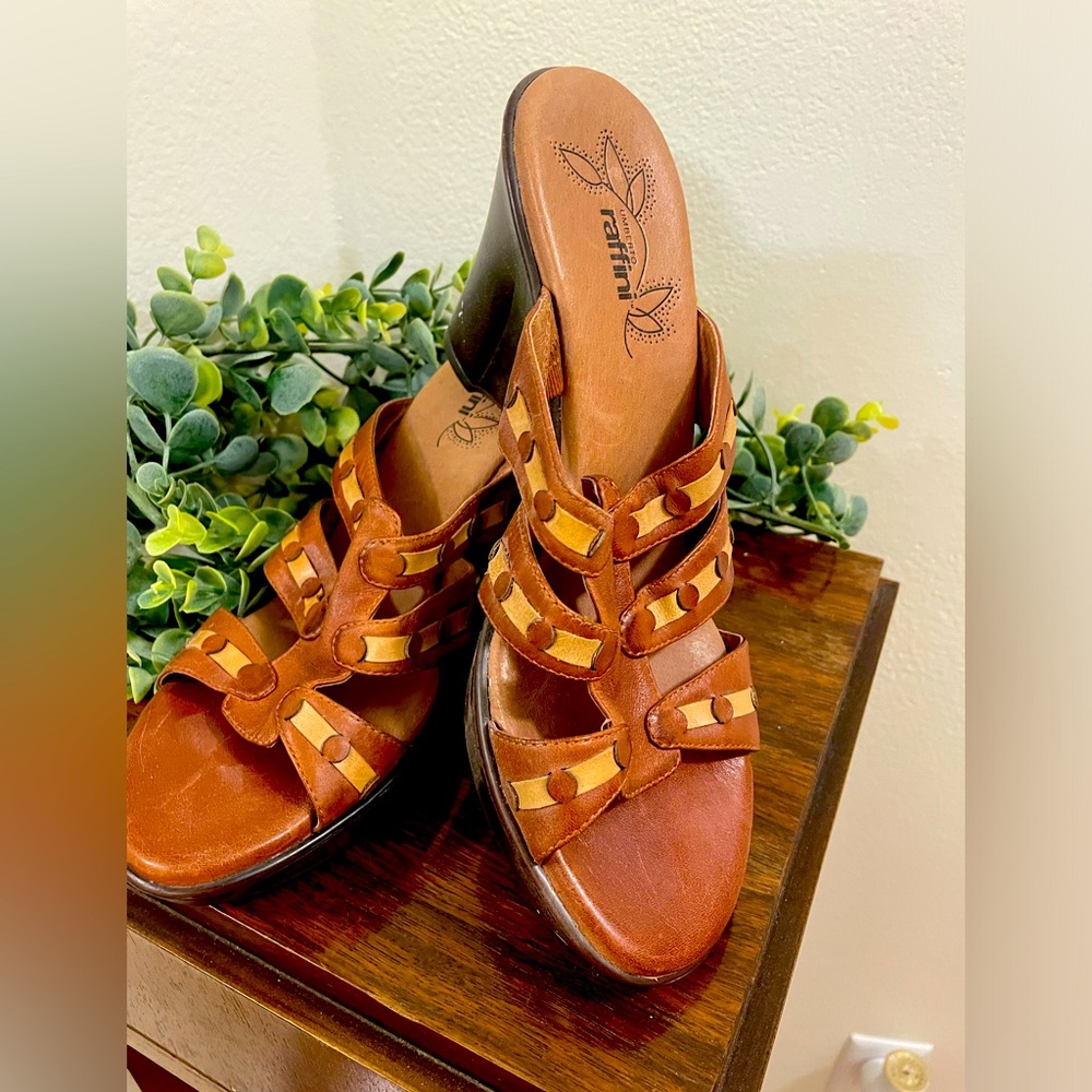 Umberto Raffini Caramel Tan Leather Open-Toe Wedge Sandal Shoe Vintage Size 7